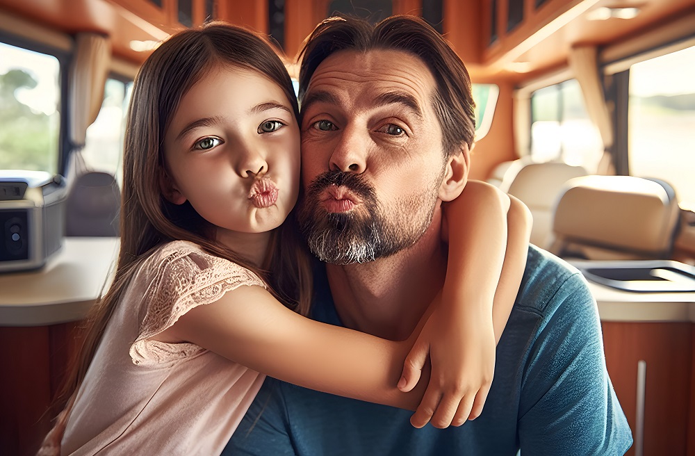 Dad and daughter gummy-faced inside the motor home